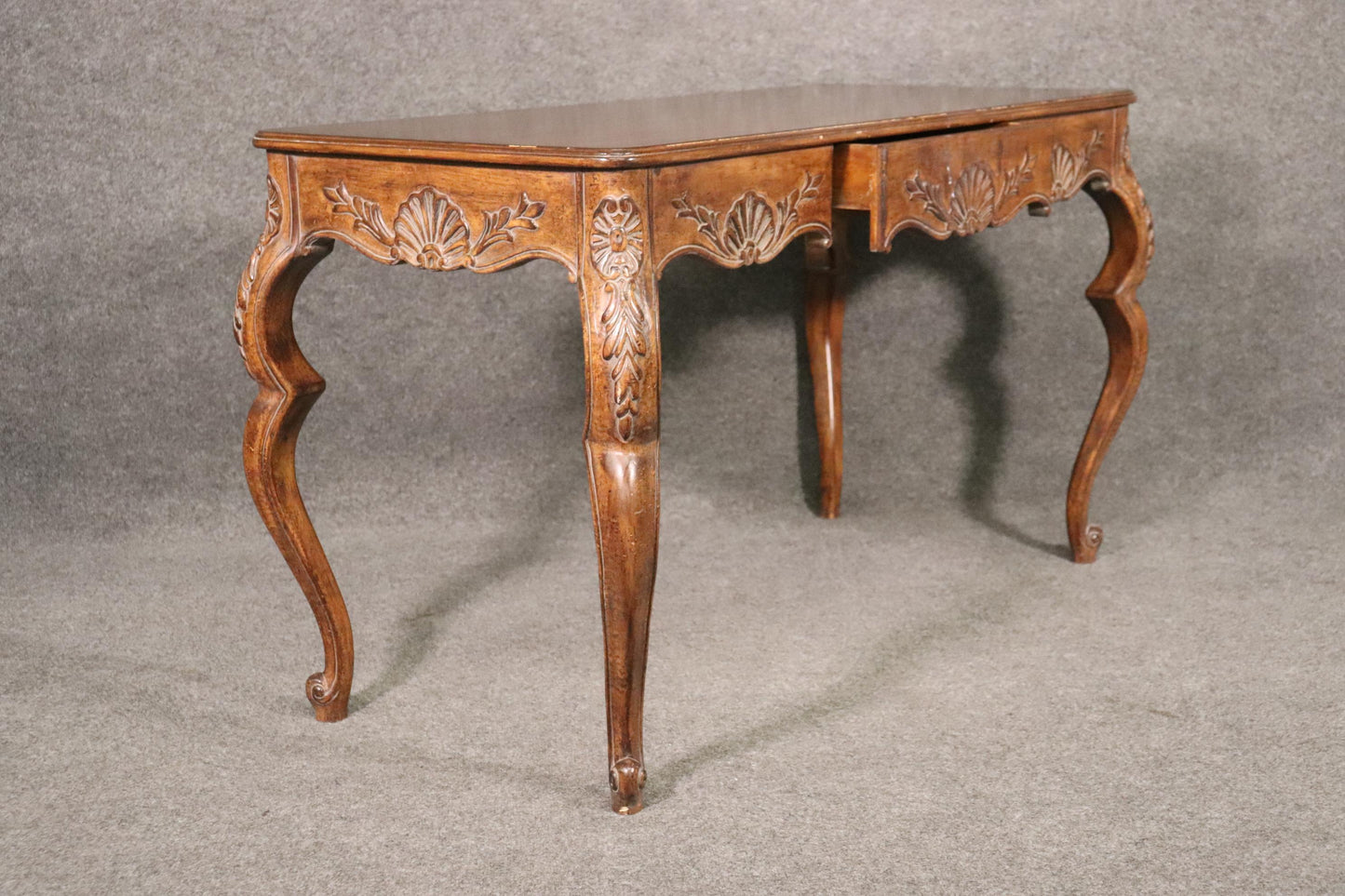 French Louis XV Rococo Style Walnut Writing Desk Table Circa 1960s