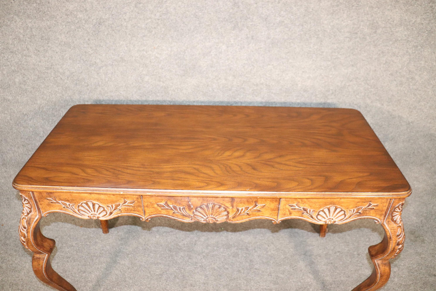 French Louis XV Rococo Style Walnut Writing Desk Table Circa 1960s