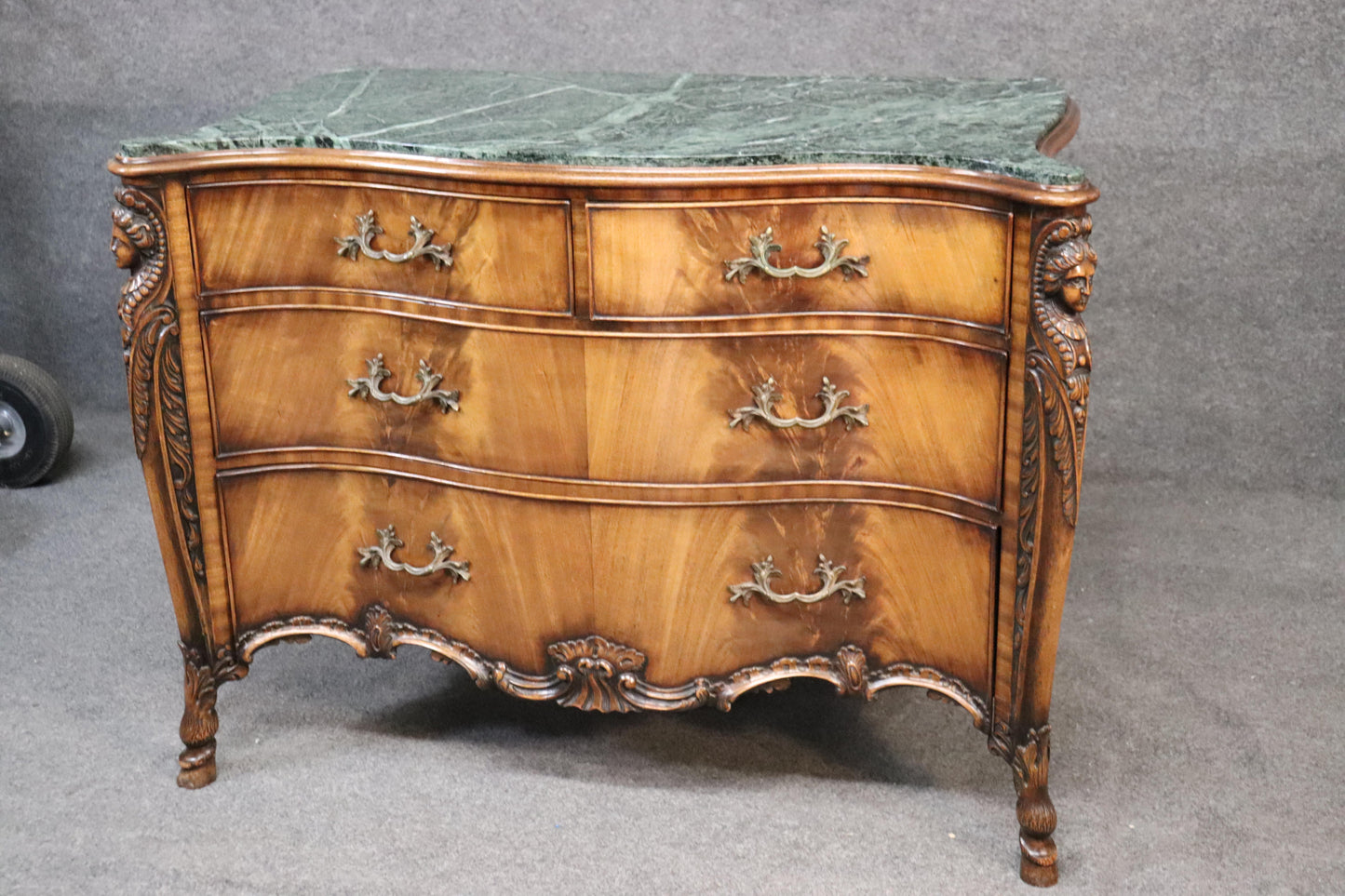 Figural Carved Maidens French Green Marble Top Commode Server Buffet, circa 1940