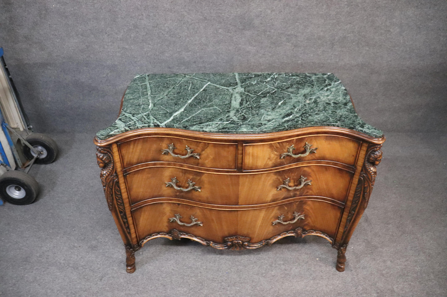 Figural Carved Maidens French Green Marble Top Commode Server Buffet, circa 1940