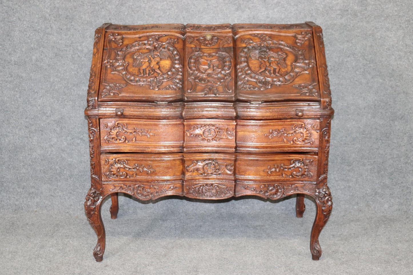 Exuberantly Carved Oak French Louis XV Secretary Desk Circa 1900