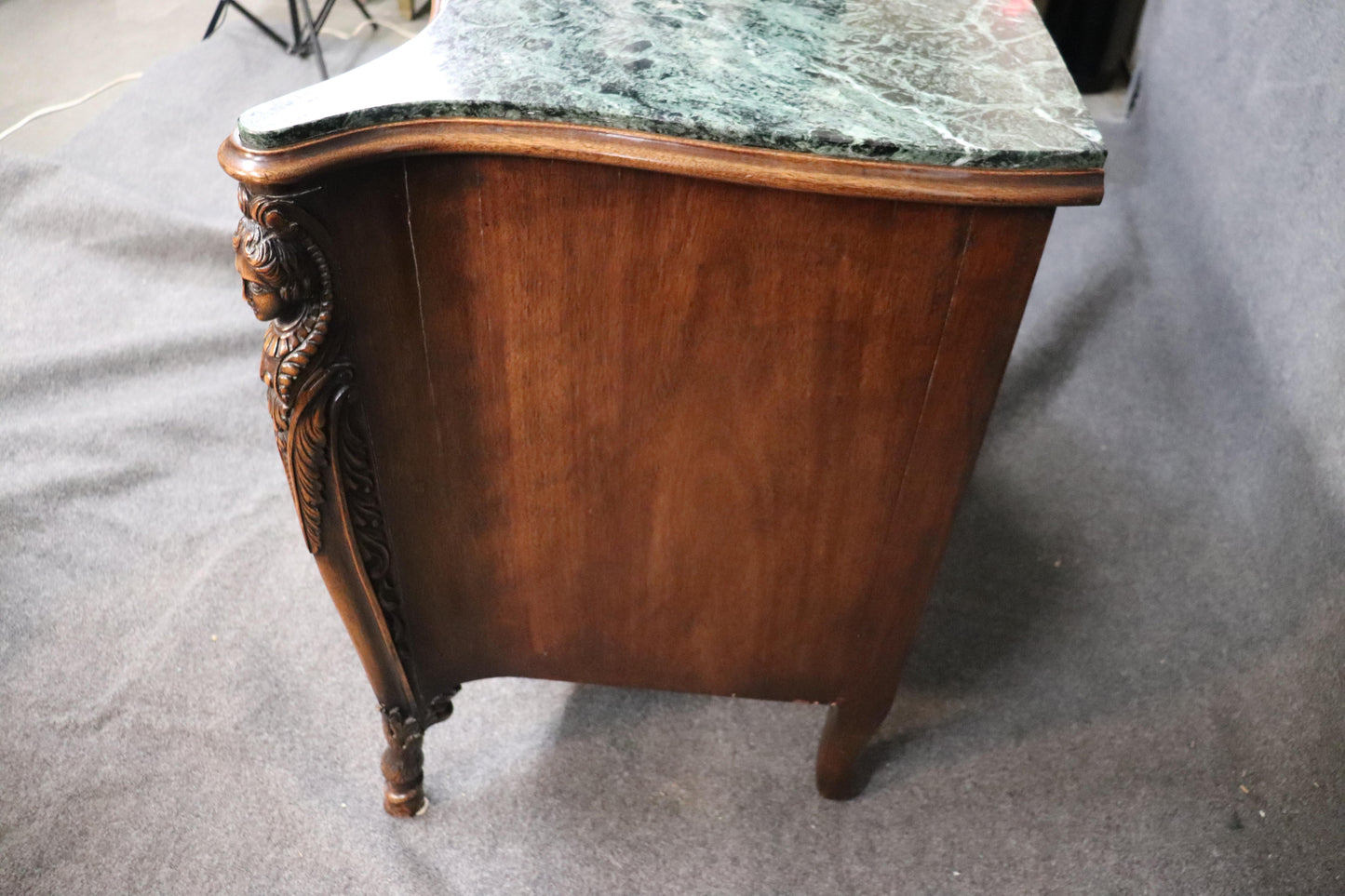 Figural Carved Maidens French Green Marble Top Commode Server Buffet, circa 1940