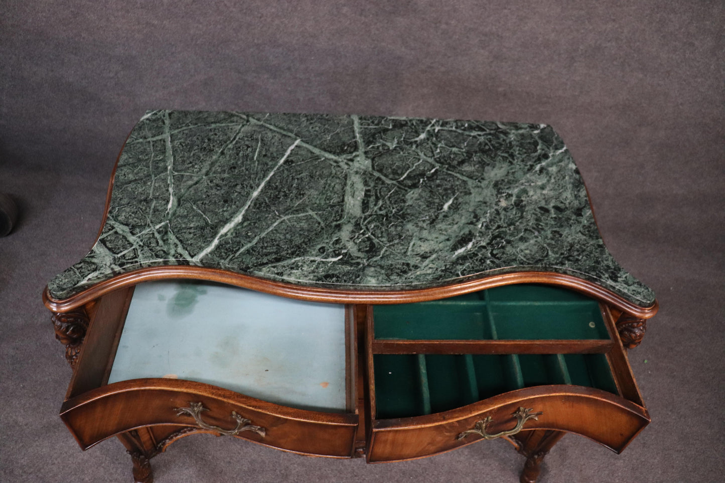 Figural Carved Maidens French Green Marble Top Commode Server Buffet, circa 1940