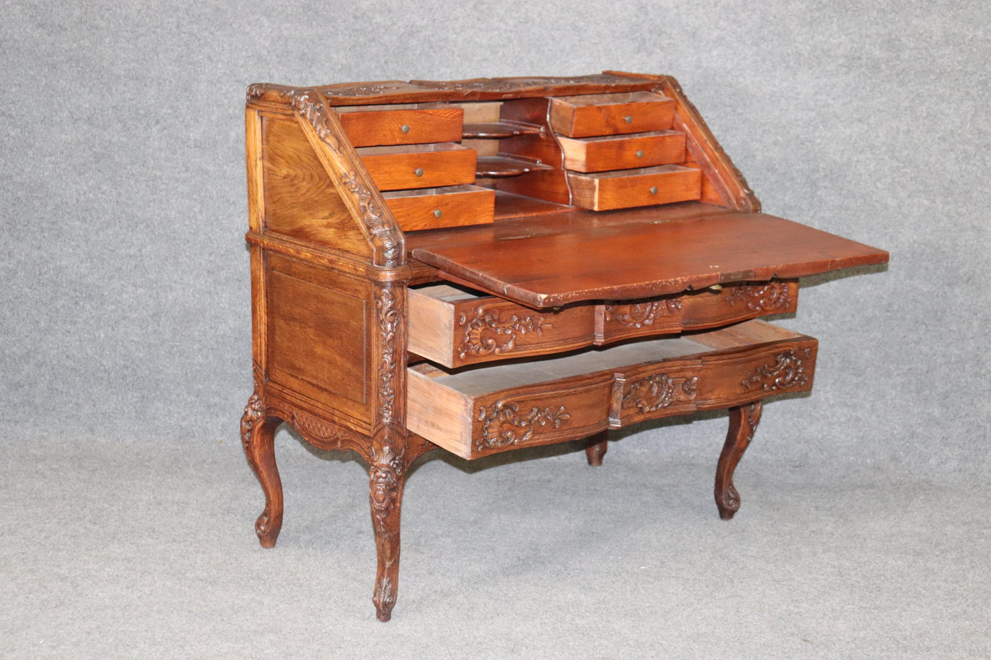 Exuberantly Carved Oak French Louis XV Secretary Desk Circa 1900