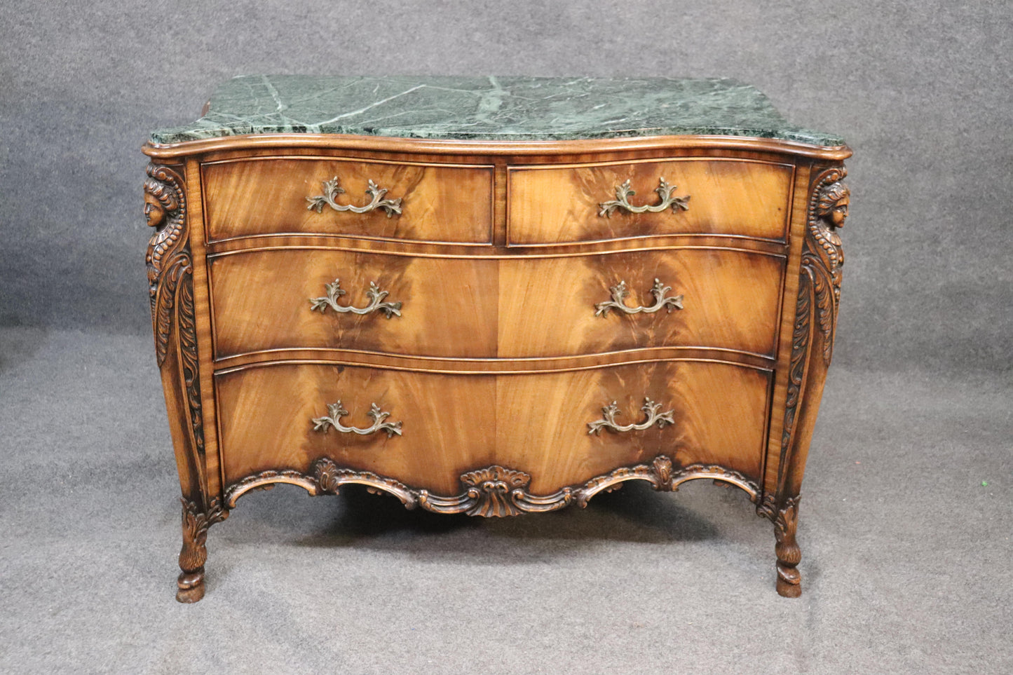 Figural Carved Maidens French Green Marble Top Commode Server Buffet, circa 1940