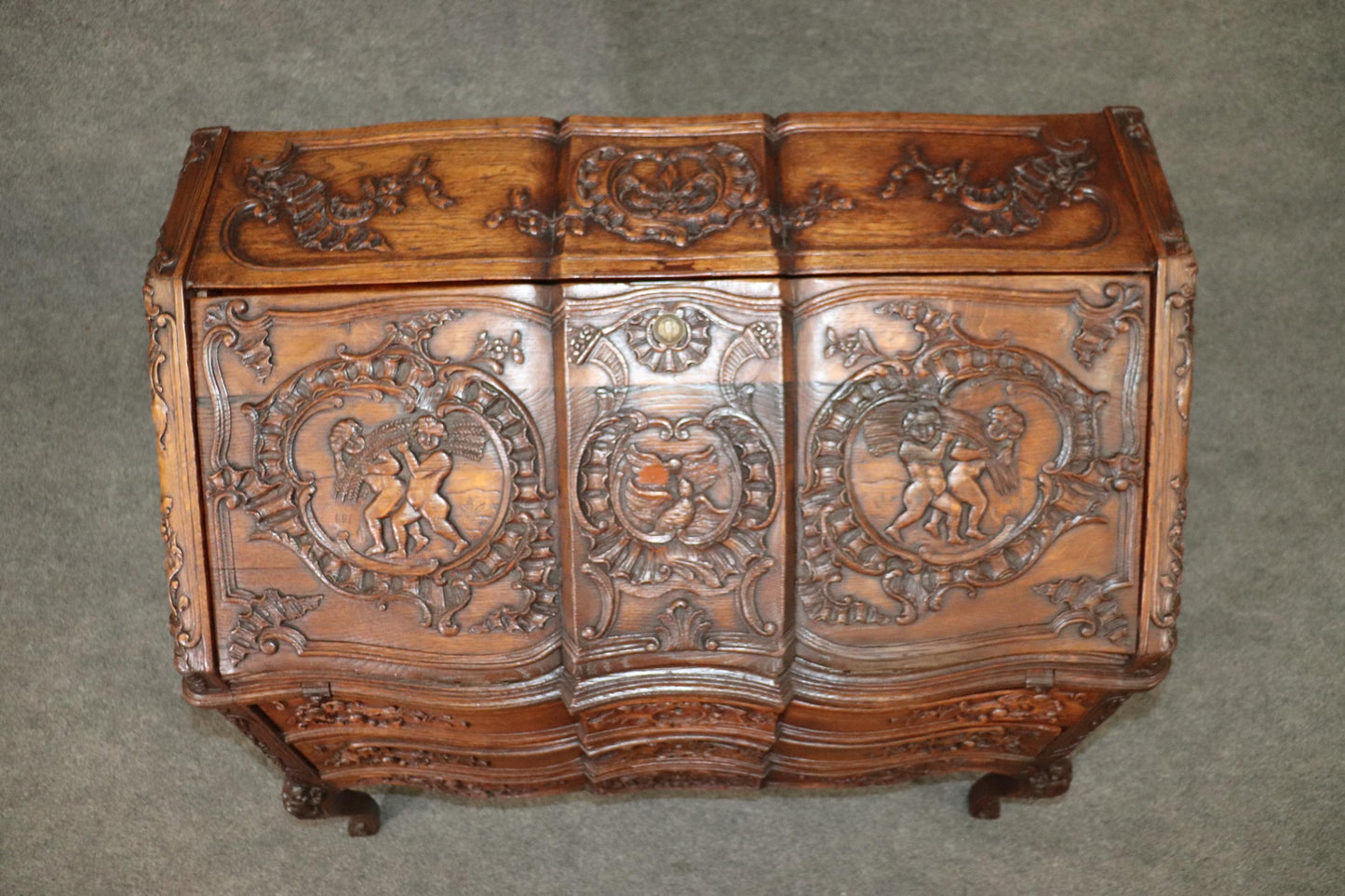 Exuberantly Carved Oak French Louis XV Secretary Desk Circa 1900