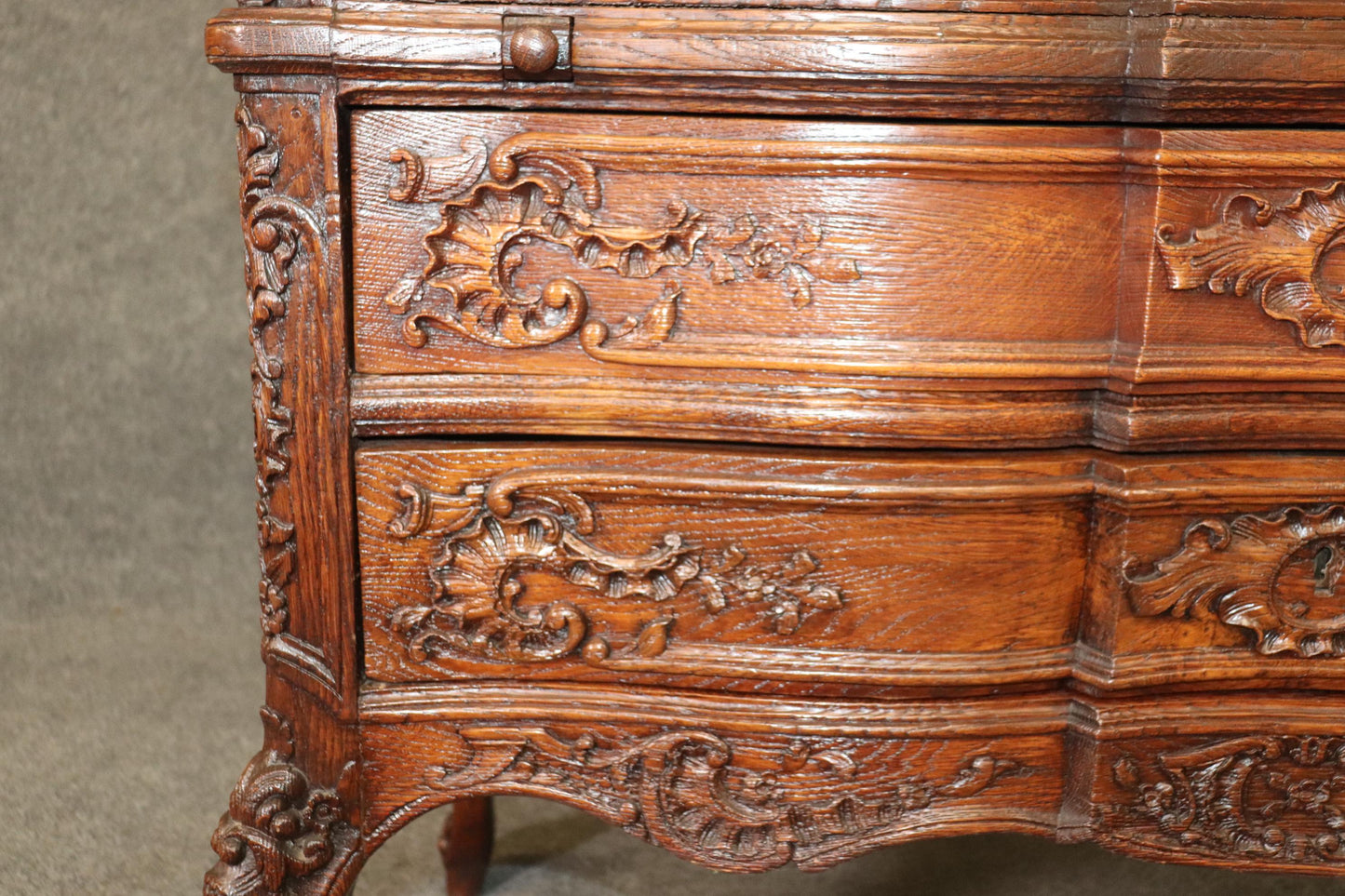 Exuberantly Carved Oak French Louis XV Secretary Desk Circa 1900