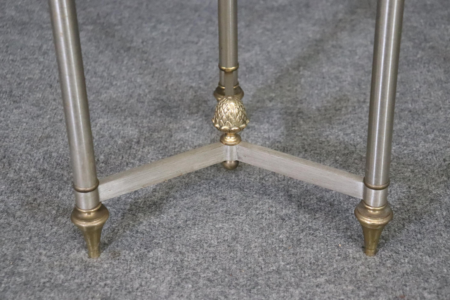 Rare Pair Maison Style Cylindrical Metal Brass Glass Two Tier End Tables