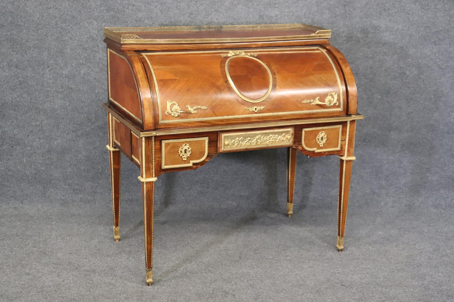 Best Dore' Bronze Mounted Putti Walnut Cylinder Writing Desk with Leather