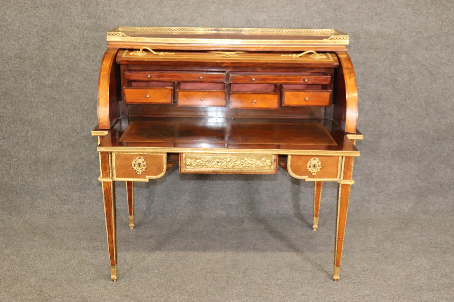 Best Dore' Bronze Mounted Putti Walnut Cylinder Writing Desk with Leather