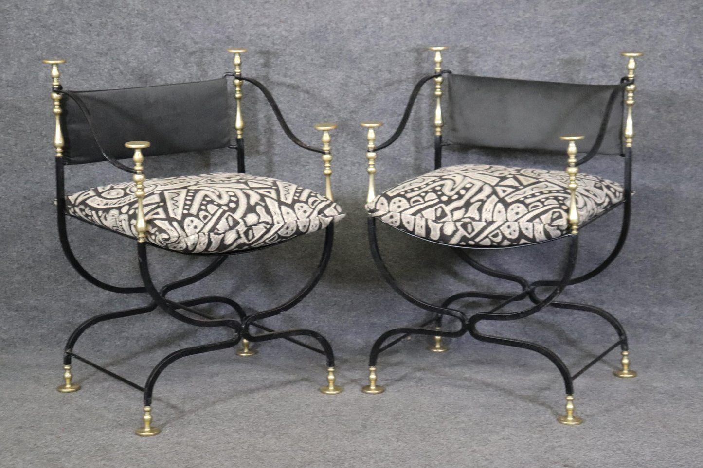 Pair of Maison Jansen Style Wrought Iron and Brass Savonarolla Armchairs