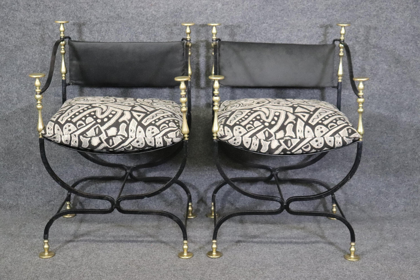 Pair of Maison Jansen Style Wrought Iron and Brass Savonarolla Armchairs