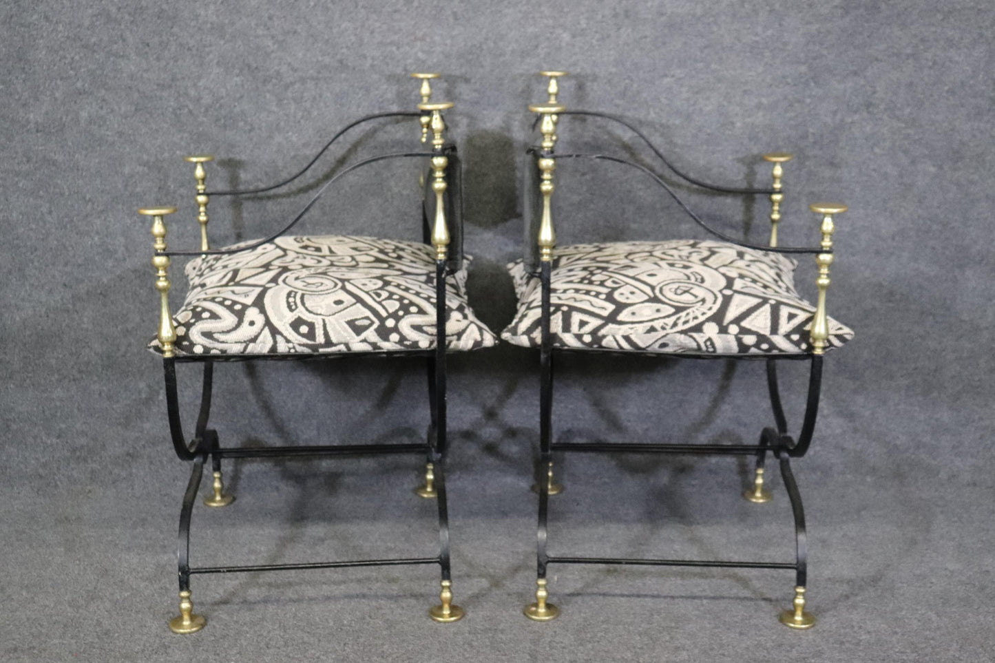 Pair of Maison Jansen Style Wrought Iron and Brass Savonarolla Armchairs