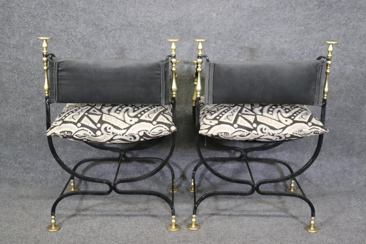 Pair of Maison Jansen Style Wrought Iron and Brass Savonarolla Armchairs