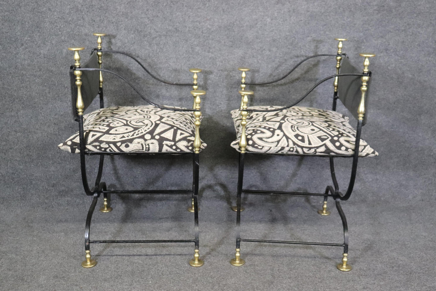 Pair of Maison Jansen Style Wrought Iron and Brass Savonarolla Armchairs