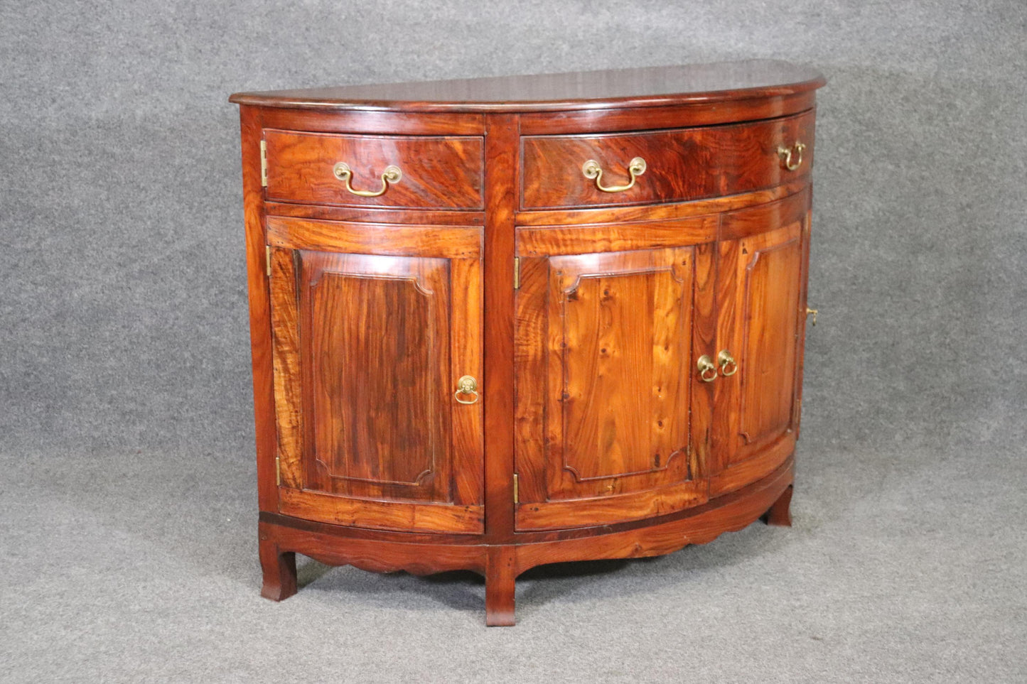 Unique Figured Teak Hand-Made Sheraton Style Demilune Buffet Commode