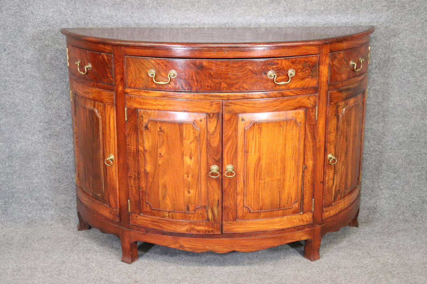 Unique Figured Teak Hand-Made Sheraton Style Demilune Buffet Commode