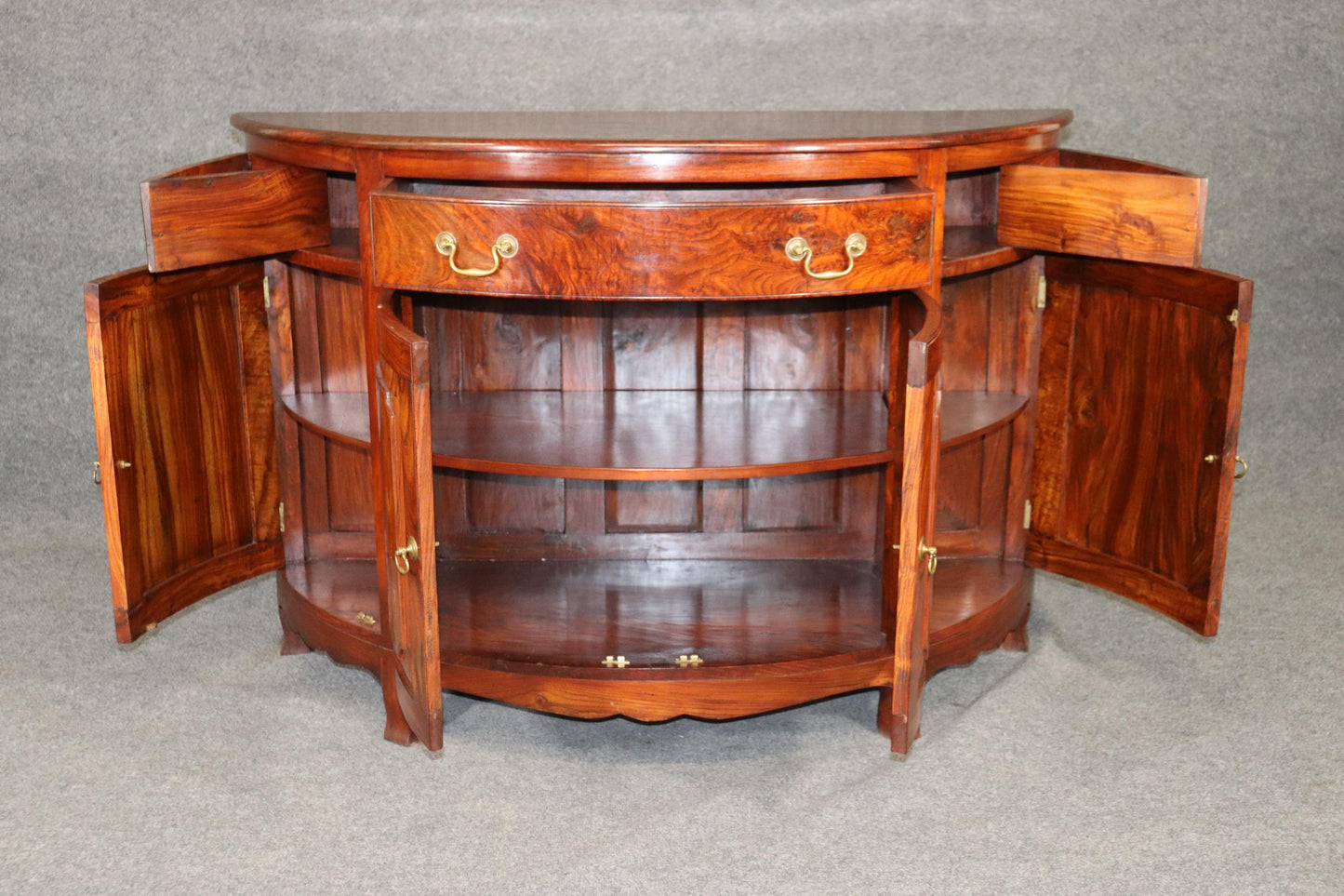 Unique Figured Teak Hand-Made Sheraton Style Demilune Buffet Commode