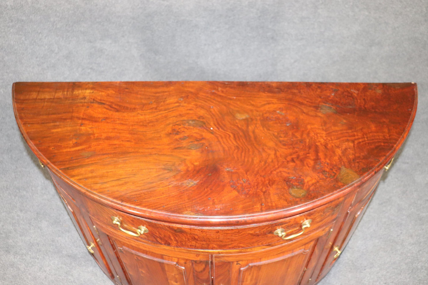 Unique Figured Teak Hand-Made Sheraton Style Demilune Buffet Commode