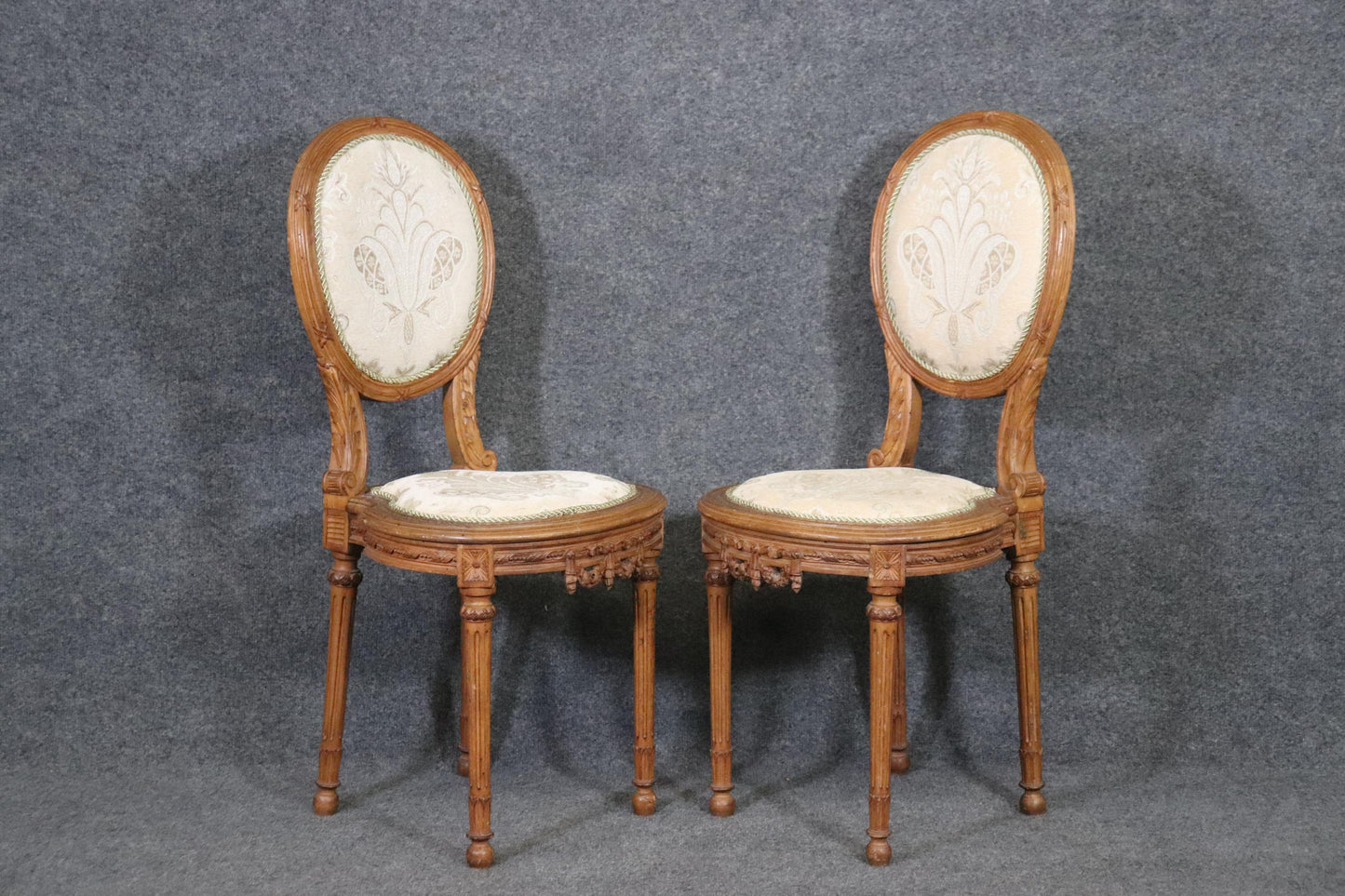 Fine Carved Pair French Louis XVI Style Cameo Back Side Chairs, Circa 1940