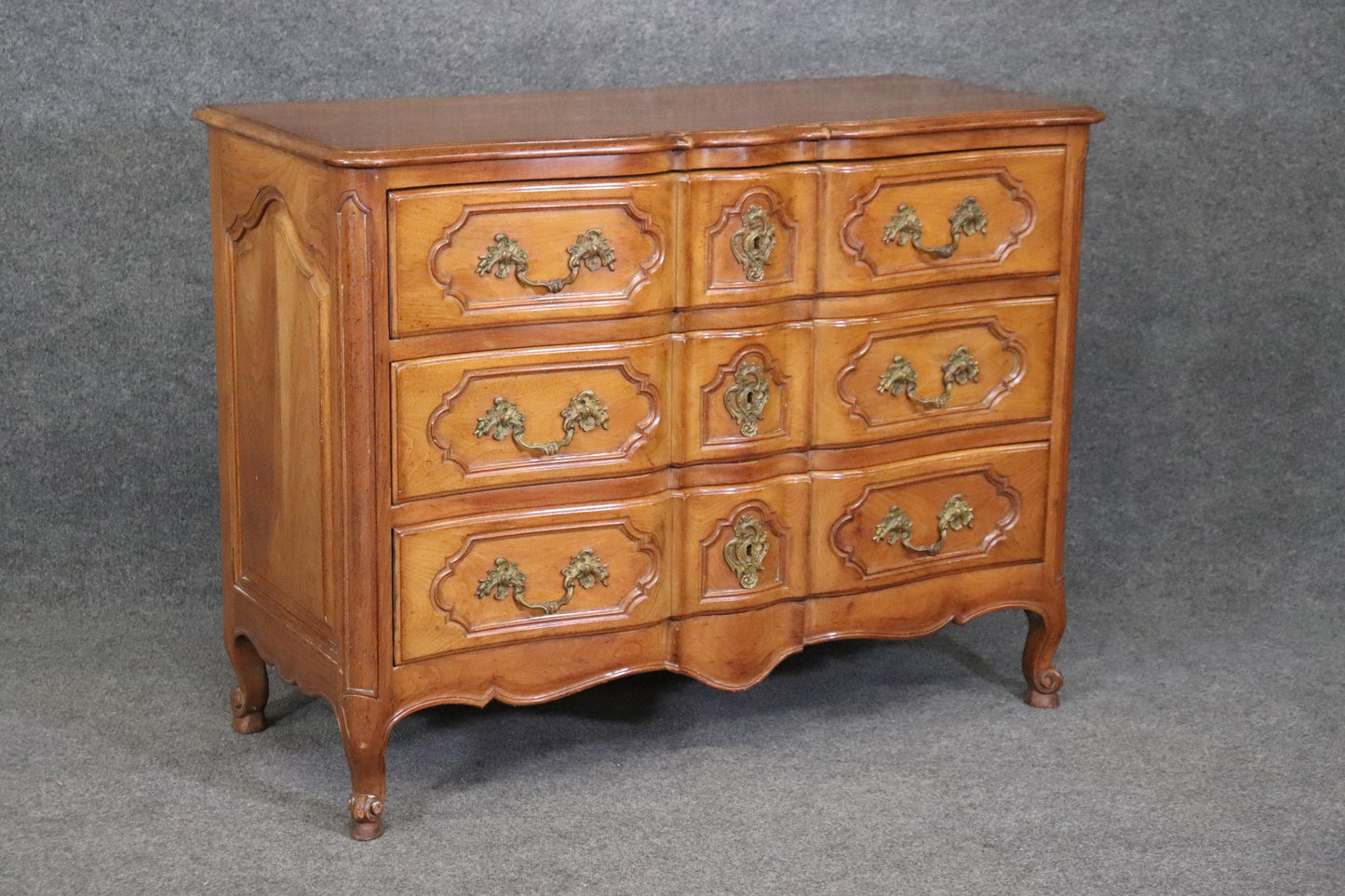 French Louis XV Style Walnut French Country Three Drawer Commode