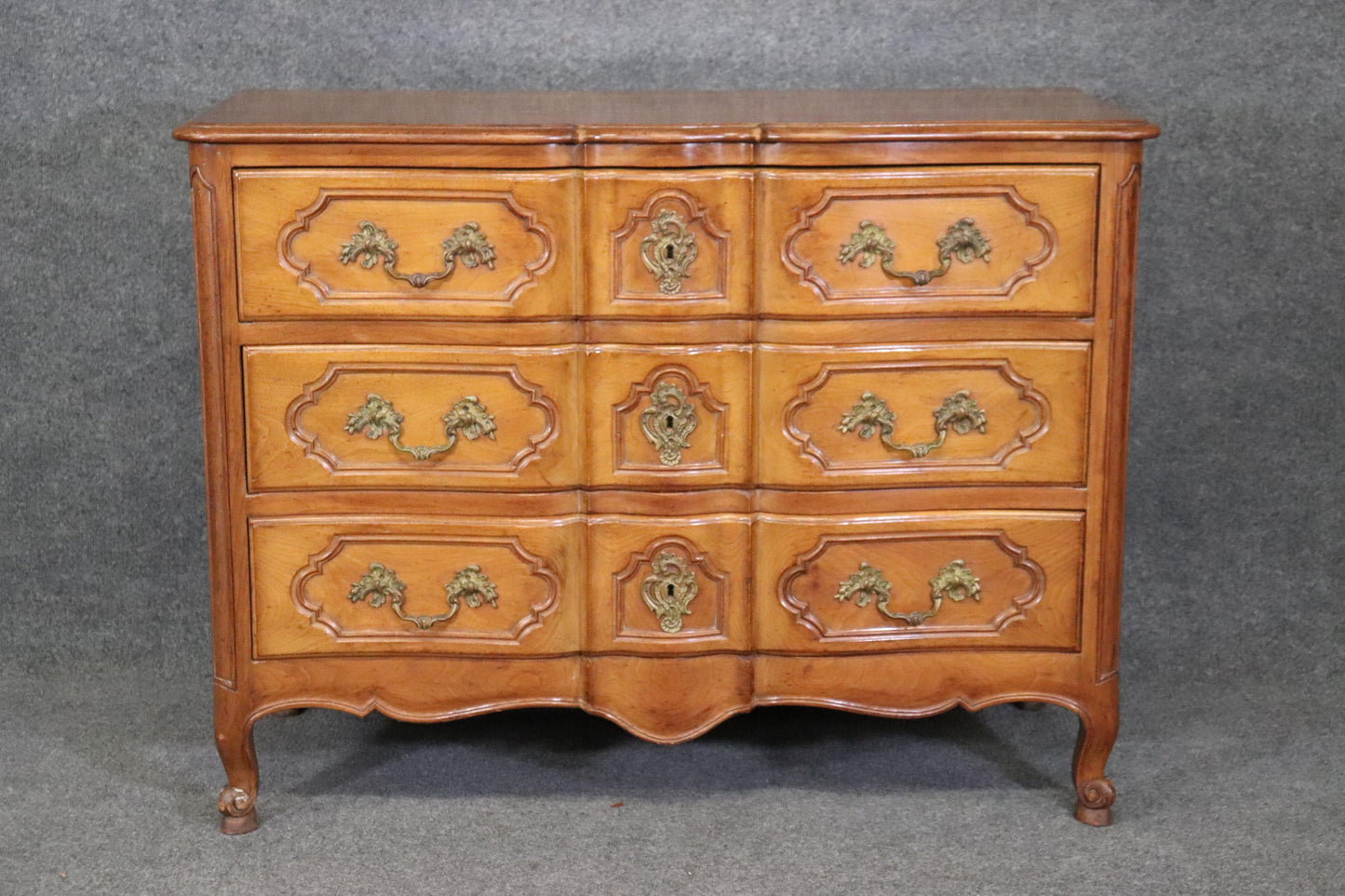 French Louis XV Style Walnut French Country Three Drawer Commode