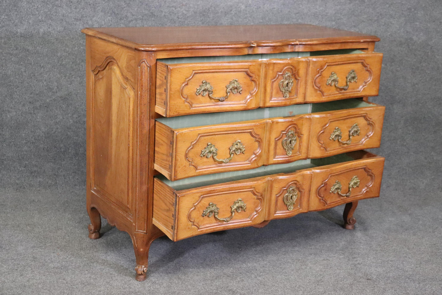 French Louis XV Style Walnut French Country Three Drawer Commode