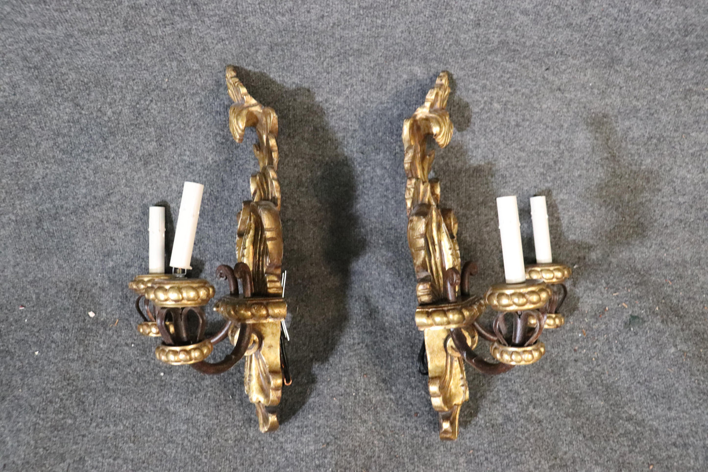 Pair of French Louis XV Gilded Carved Wood Sconces