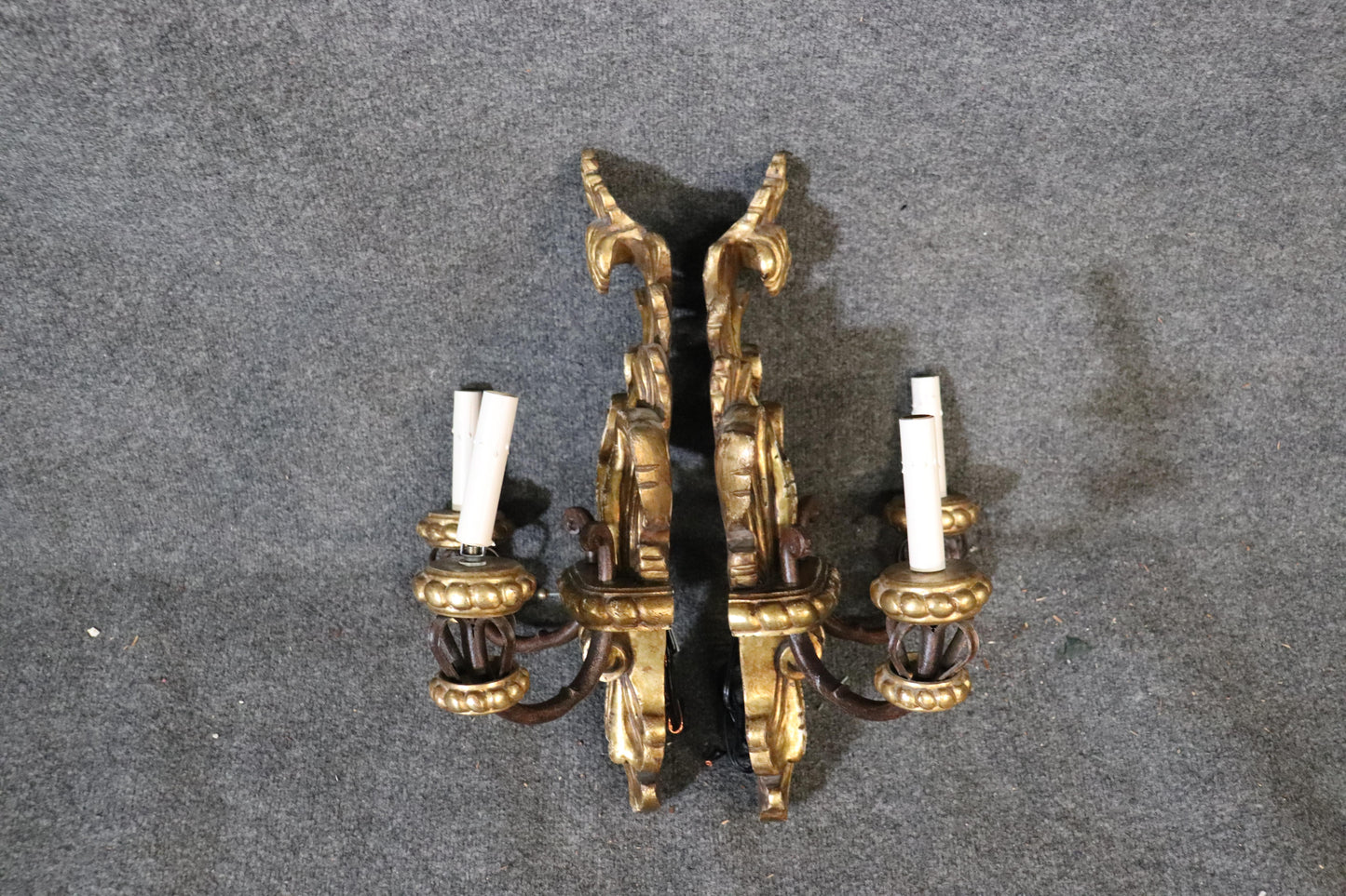 Pair of French Louis XV Gilded Carved Wood Sconces