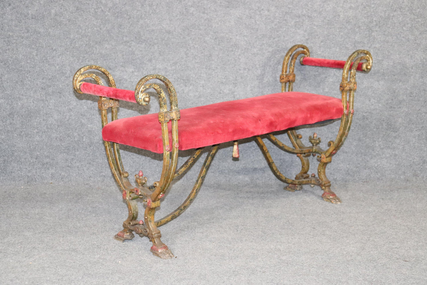 Oscar Bach Style Hand-Wrought Iron Upholstered Window Bench circa 1930