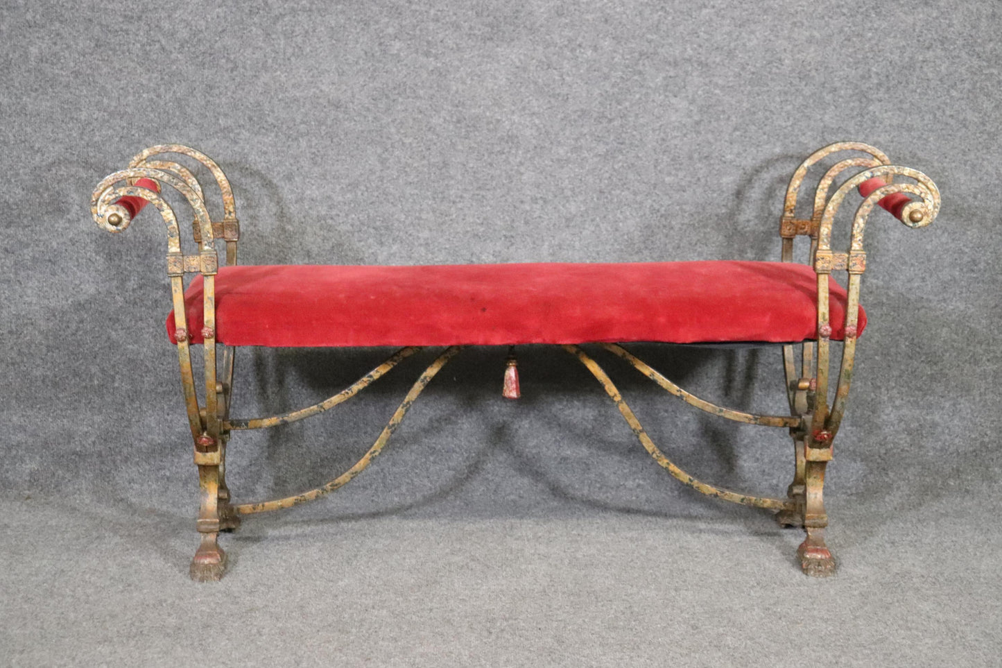 Oscar Bach Style Hand-Wrought Iron Upholstered Window Bench circa 1930