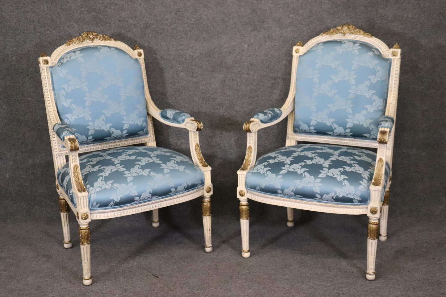 Pair Blue Silk Upholstered French Painted and Gilded louis XVI Style Armchairs