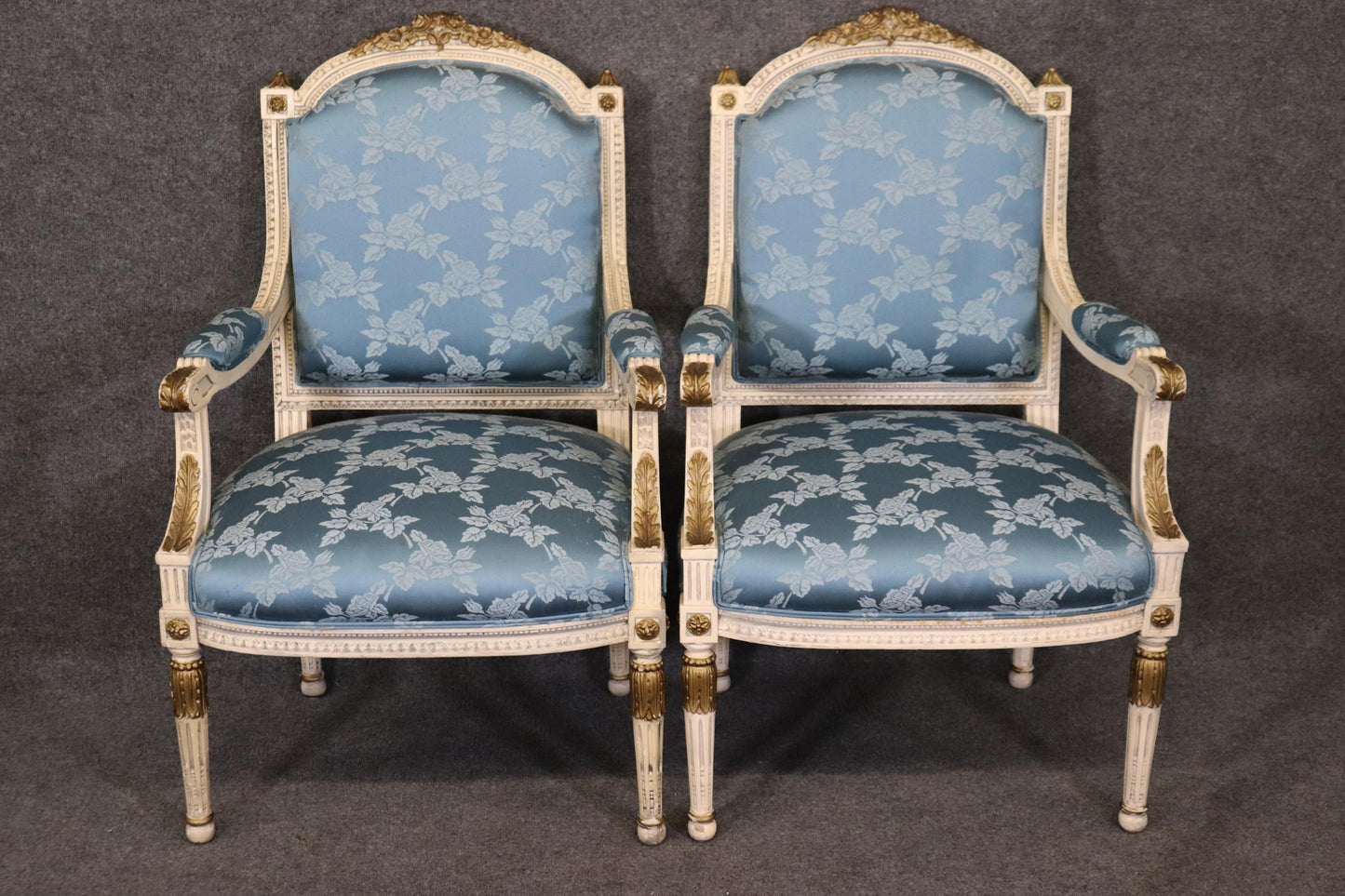 Gorgeous Pair French Carved Painted and Gilded Armchairs Blue Silk