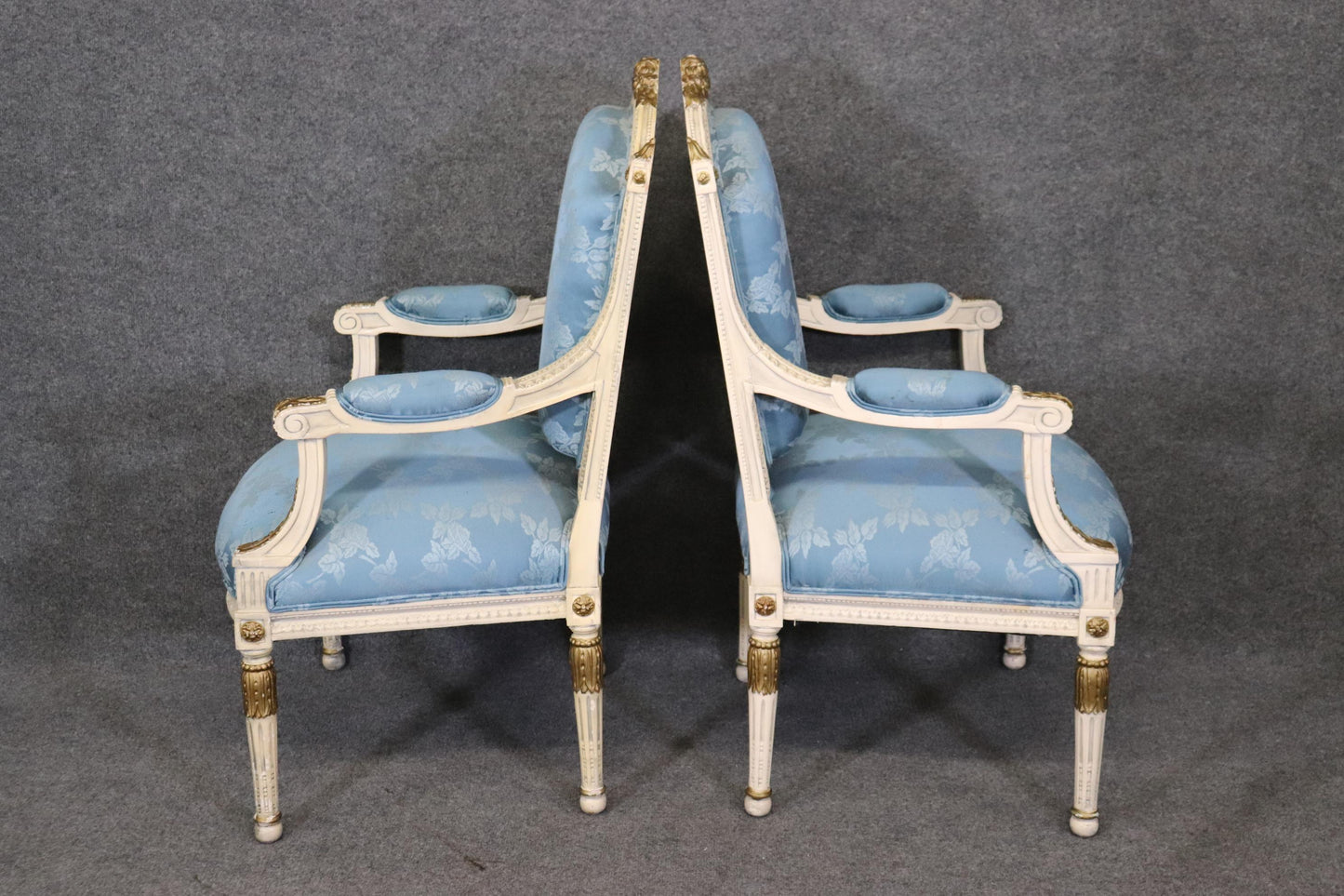 Gorgeous Pair French Carved Painted and Gilded Armchairs Blue Silk