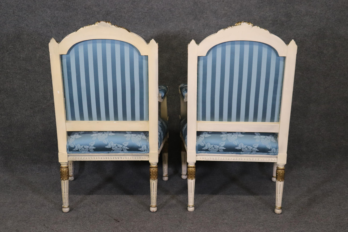 Gorgeous Pair French Carved Painted and Gilded Armchairs Blue Silk