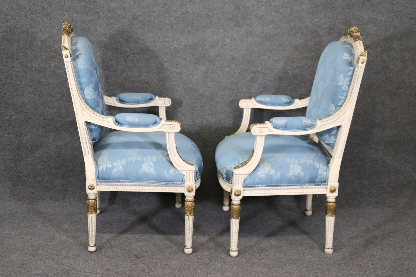 Pair Blue Silk Upholstered French Painted and Gilded louis XVI Style Armchairs