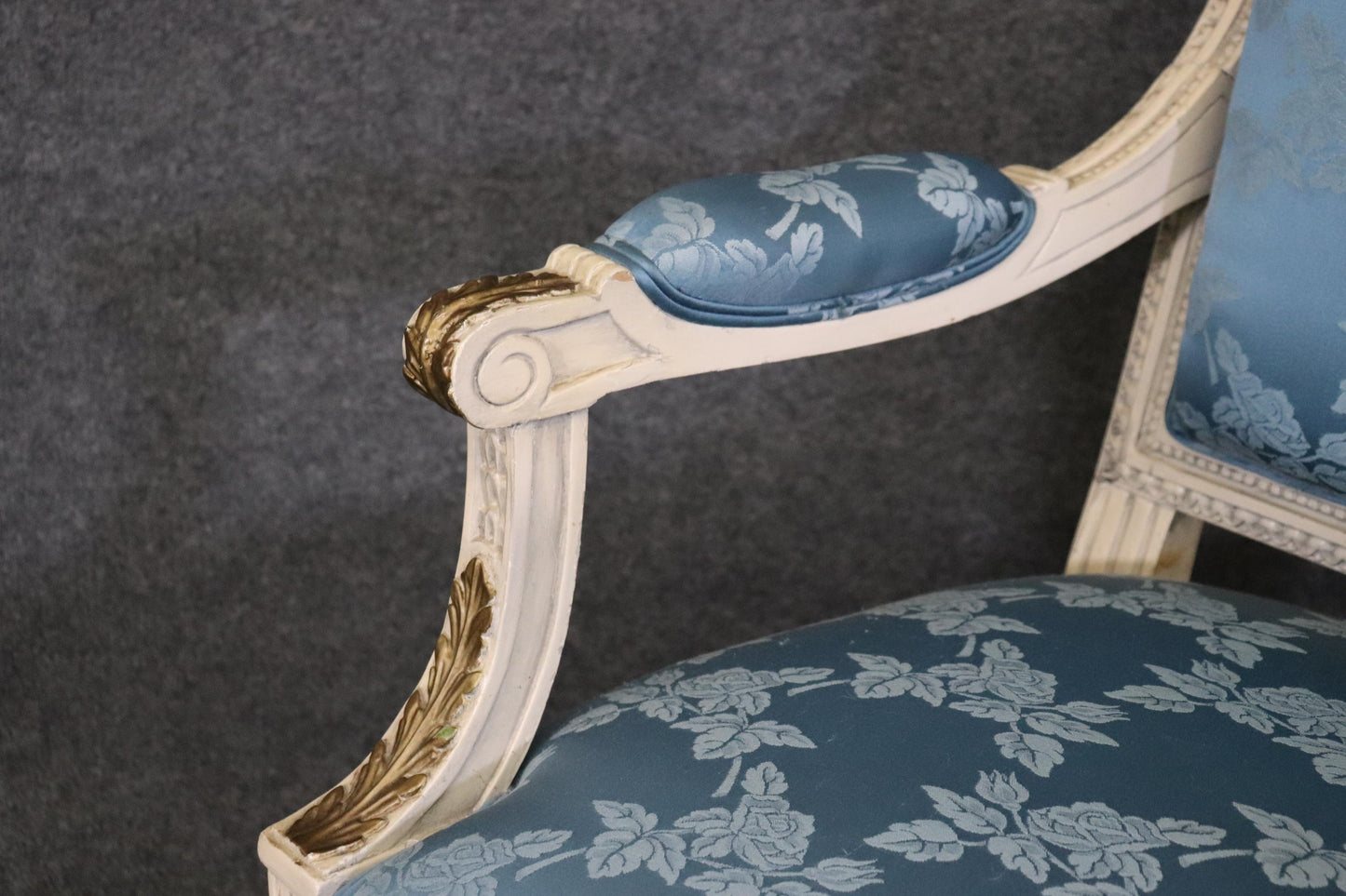 Gorgeous Pair French Carved Painted and Gilded Armchairs Blue Silk