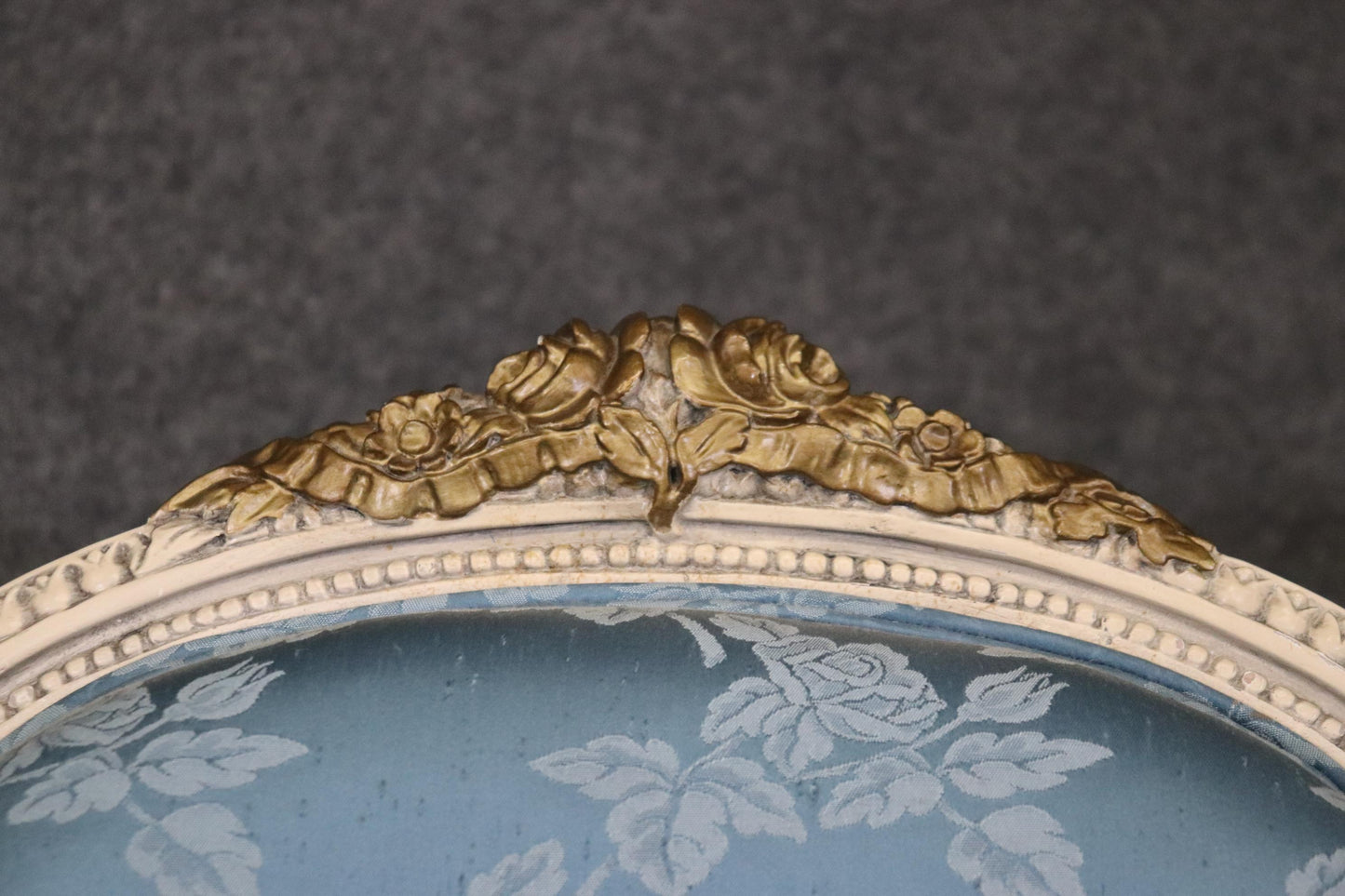 Gorgeous Pair French Carved Painted and Gilded Armchairs Blue Silk