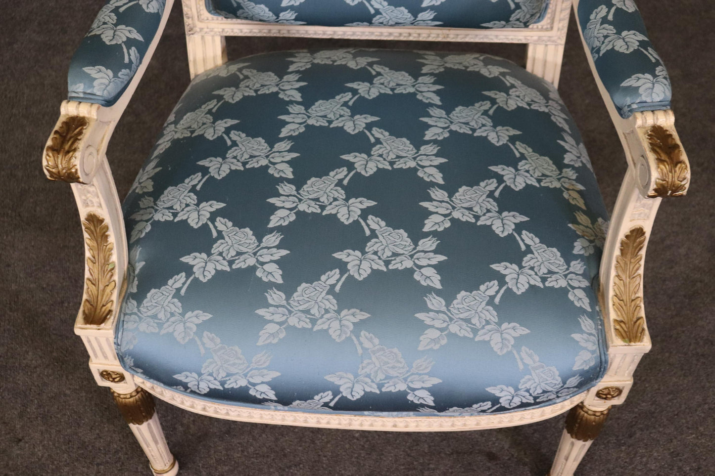 Gorgeous Pair French Carved Painted and Gilded Armchairs Blue Silk