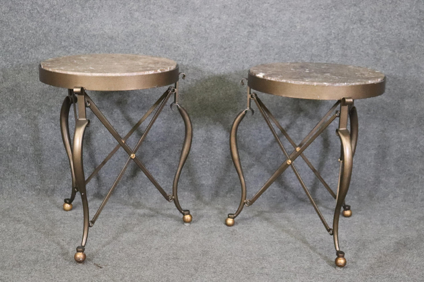 Pair of Round French Directoire Style Bronze Colored Steel Marble Top Gueridons