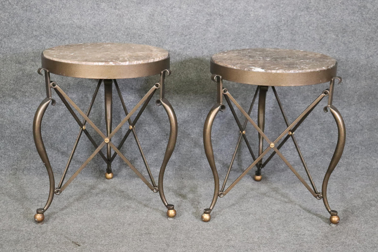 Pair of Round French Directoire Style Bronze Colored Steel Marble Top Gueridons