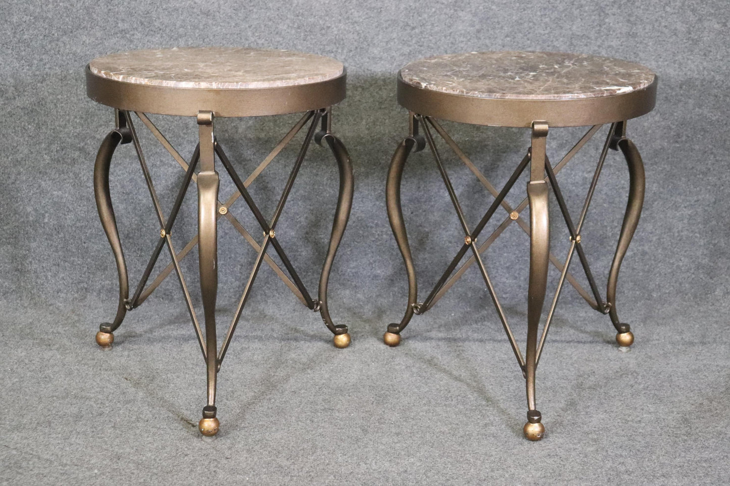 Pair of Round French Directoire Style Bronze Colored Steel Marble Top Gueridons