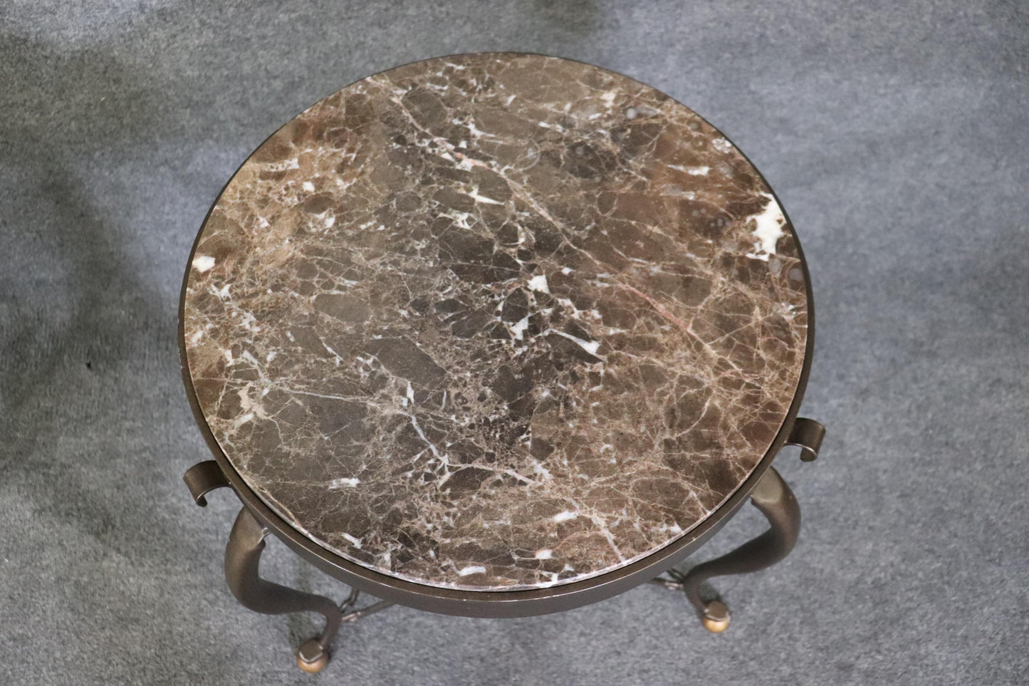 Pair of Round French Directoire Style Bronze Colored Steel Marble Top Gueridons