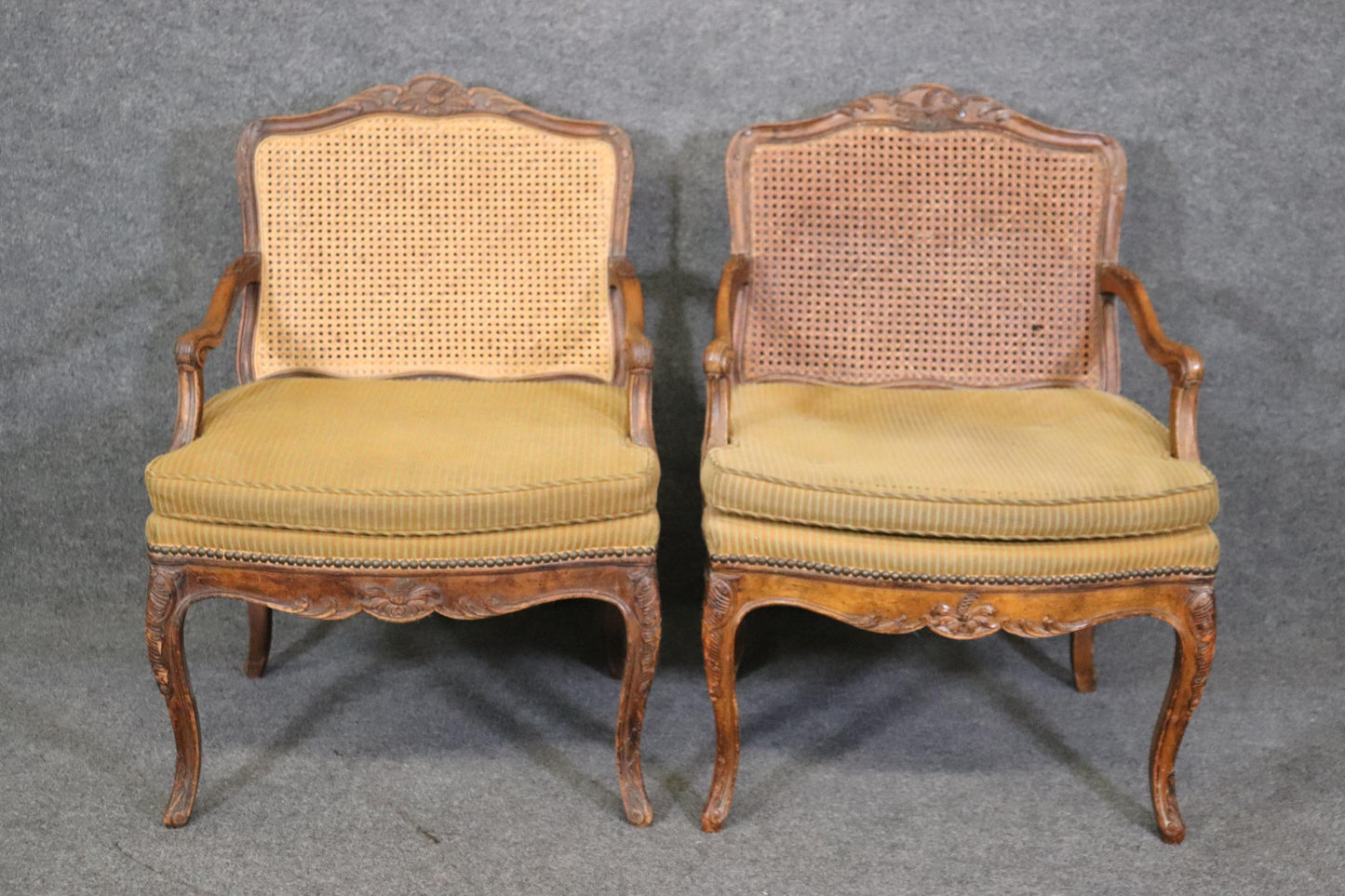 Pair of Cane Back French Louis XV Armchairs