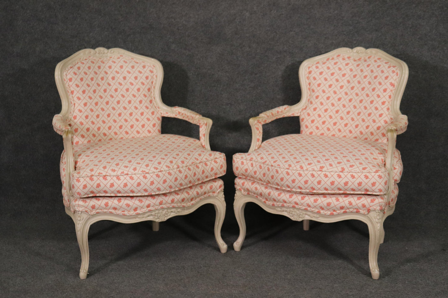 Pair French White Paint Decorated Carved Louis XV Bergere Armchairs Circa 1940s