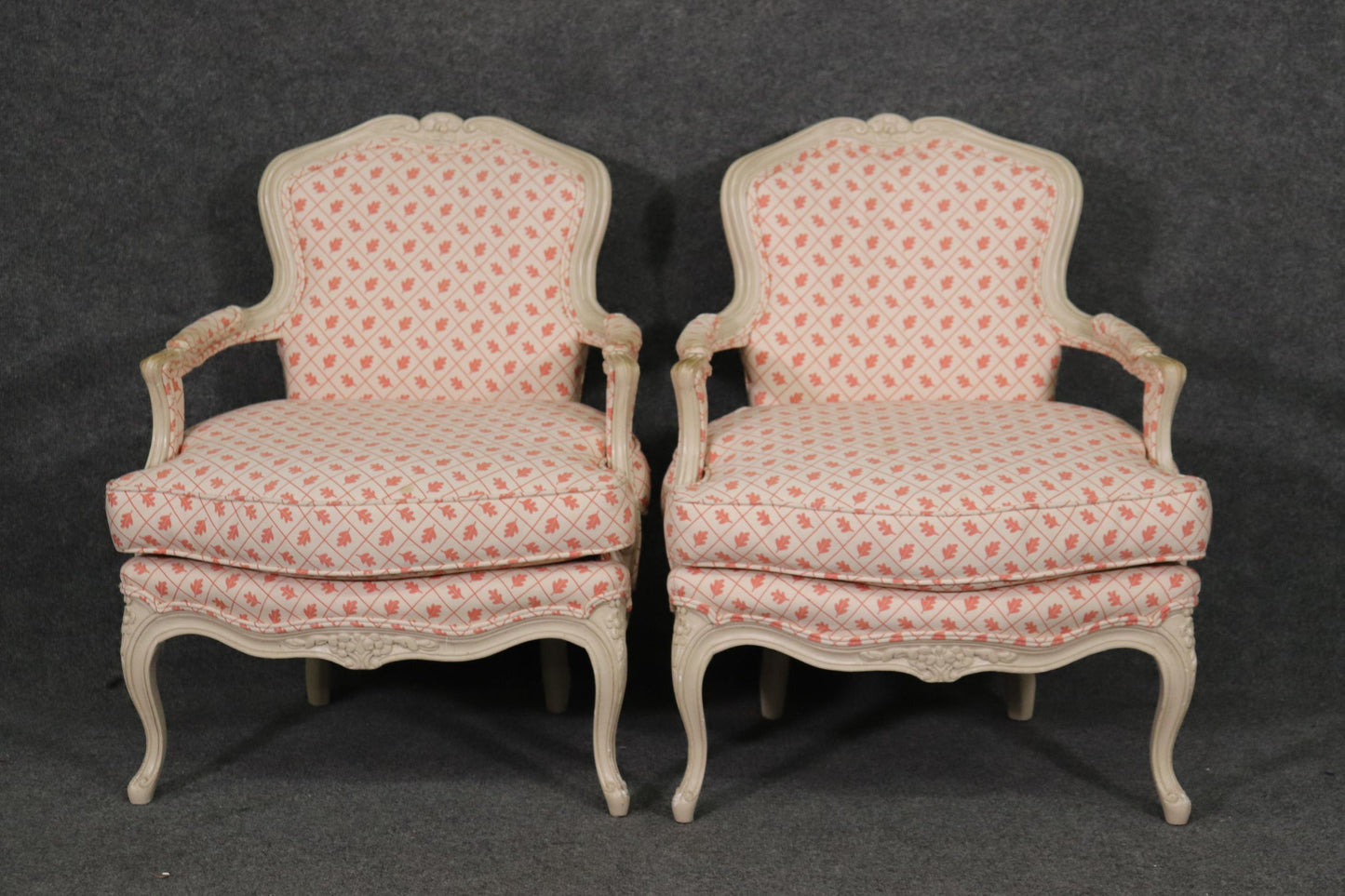 Pair French White Paint Decorated Carved Louis XV Bergere Armchairs Circa 1940s