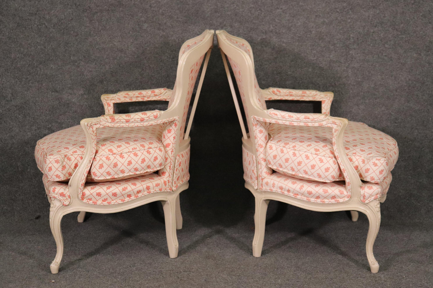 Pair French White Paint Decorated Carved Louis XV Bergere Armchairs Circa 1940s