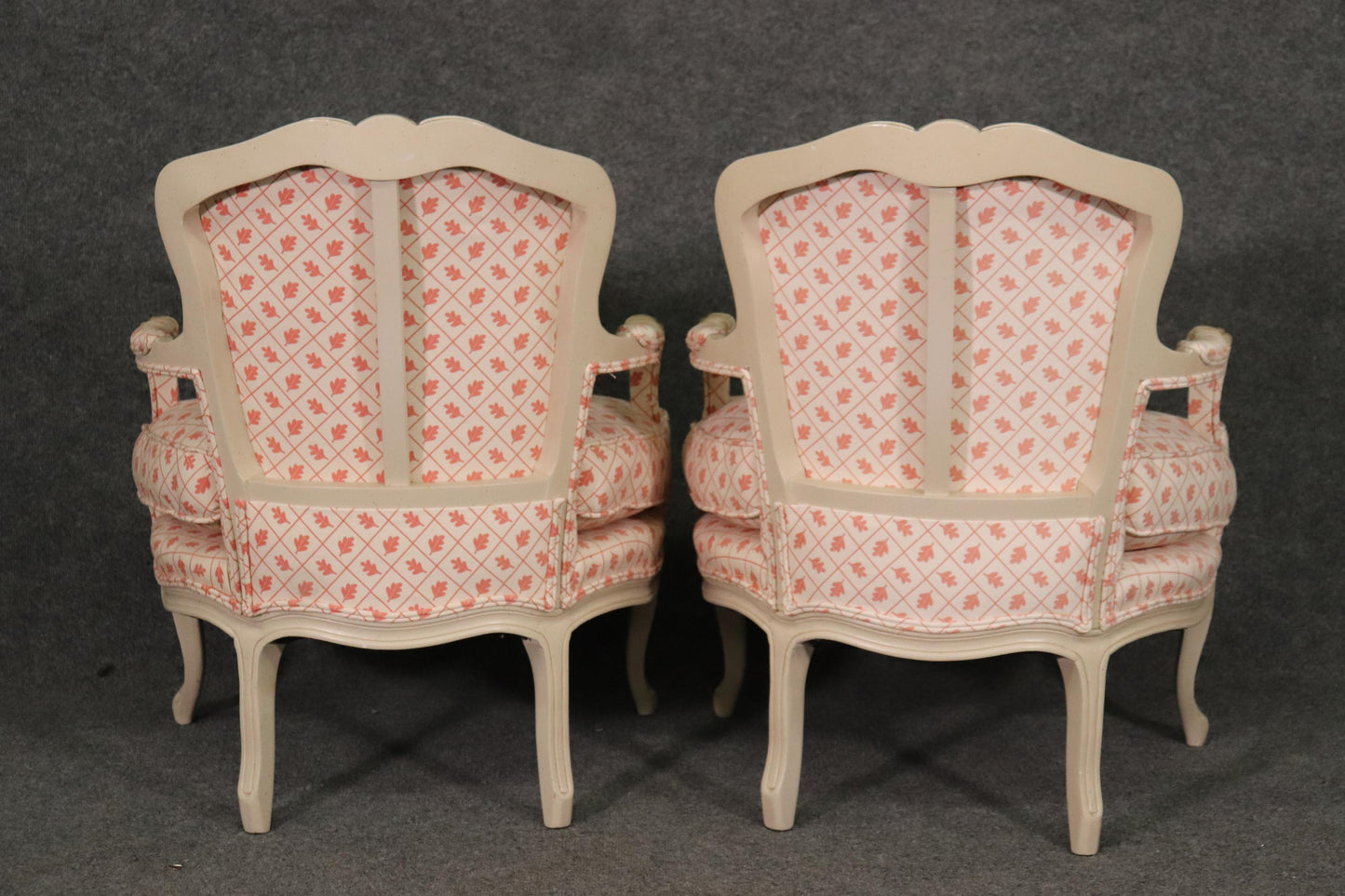 Pair French White Paint Decorated Carved Louis XV Bergere Armchairs Circa 1940s