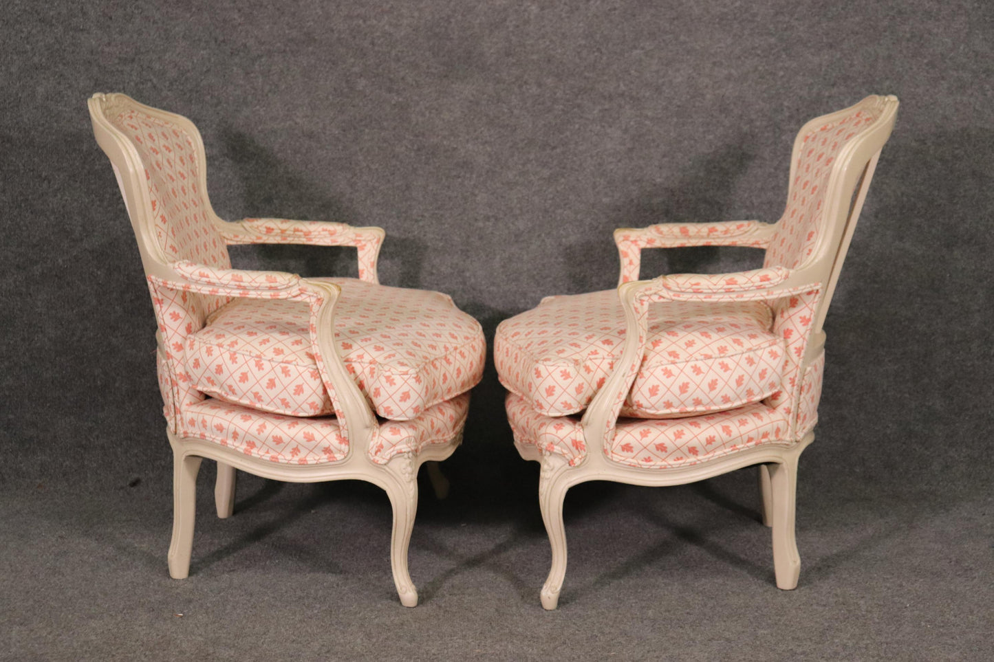 Pair French White Paint Decorated Carved Louis XV Bergere Armchairs Circa 1940s