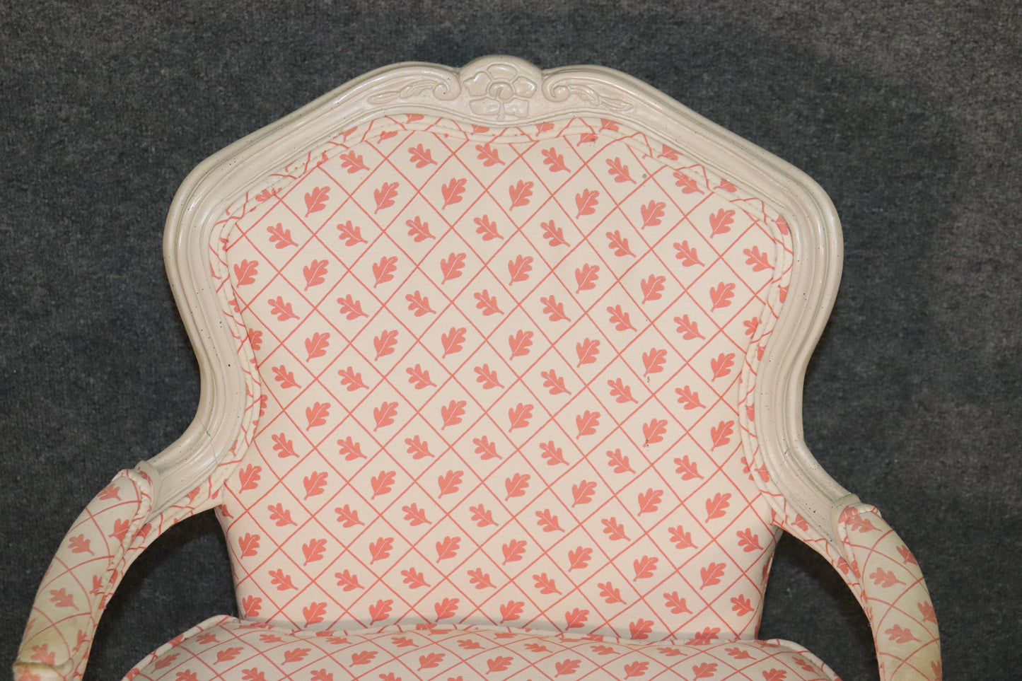 Pair French White Paint Decorated Carved Louis XV Bergere Armchairs Circa 1940s